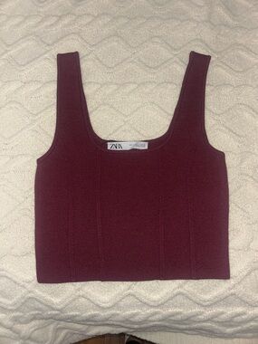 ZARA Deep Burgundy Square-Neck Crop Top
